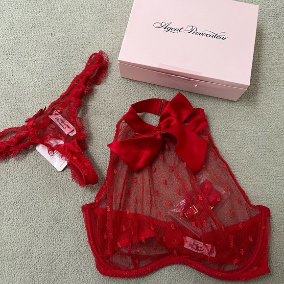 Agent Provocateur Madelina Red Ribbon High Neck Halter Bra & Panties Set NWT - Picture 2 of 10